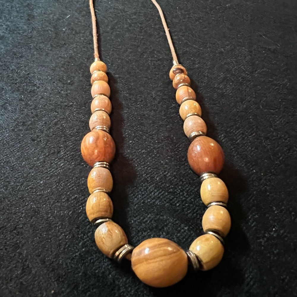 Vintage BOHO Wooden Beaded Necklace on Leather Like Cord 22” TRIBAL